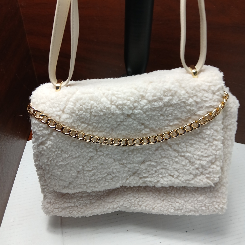 A New Day Elegant Cream Sherpa Shoulder Bag with Gold Chain